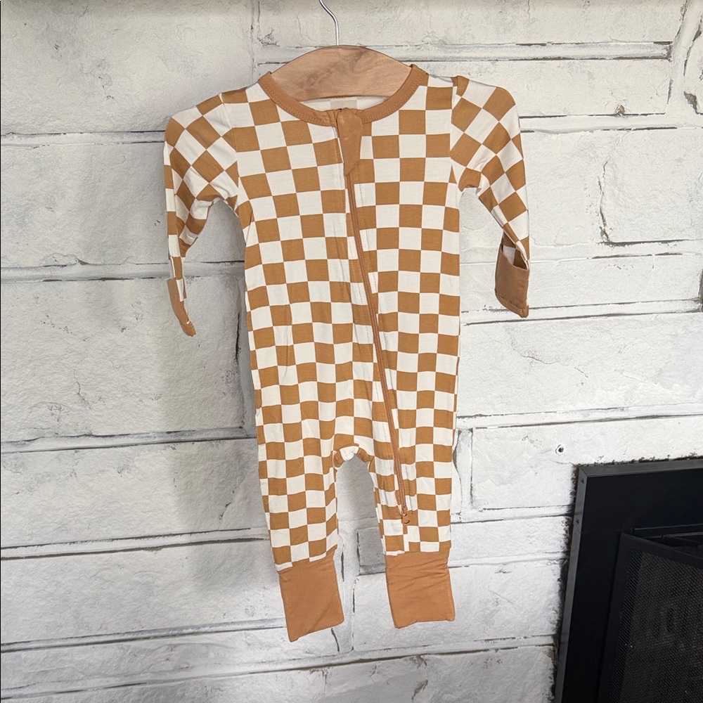 Kids Checkerboard One-Piece Bamboo Pajamas in Tan & White
